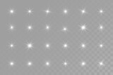 White glowing light explodes on a transparent background. Glittering magical dust particles. Bright Star. Transparent shining sun, bright flash. Vector sequins. To center a bright flash.