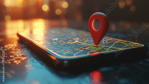 The smartphone displays geolocation. A pin hanging over an open card on a smartphone screen.