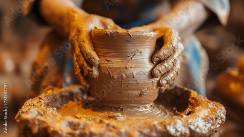 Artisan Crafting Pottery: Close-Up of Hands Shaping Clay on Wheel photo