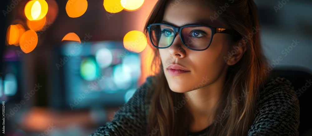 A woman, wearing glasses, has a smile as she looks at a computer screen, highlighting the importance of vision care and eyewear.