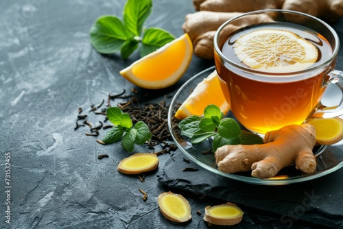 Ginger tea and ingredients arranged on a dark stone table representing still life food and healthcare with emphasis on selective focus