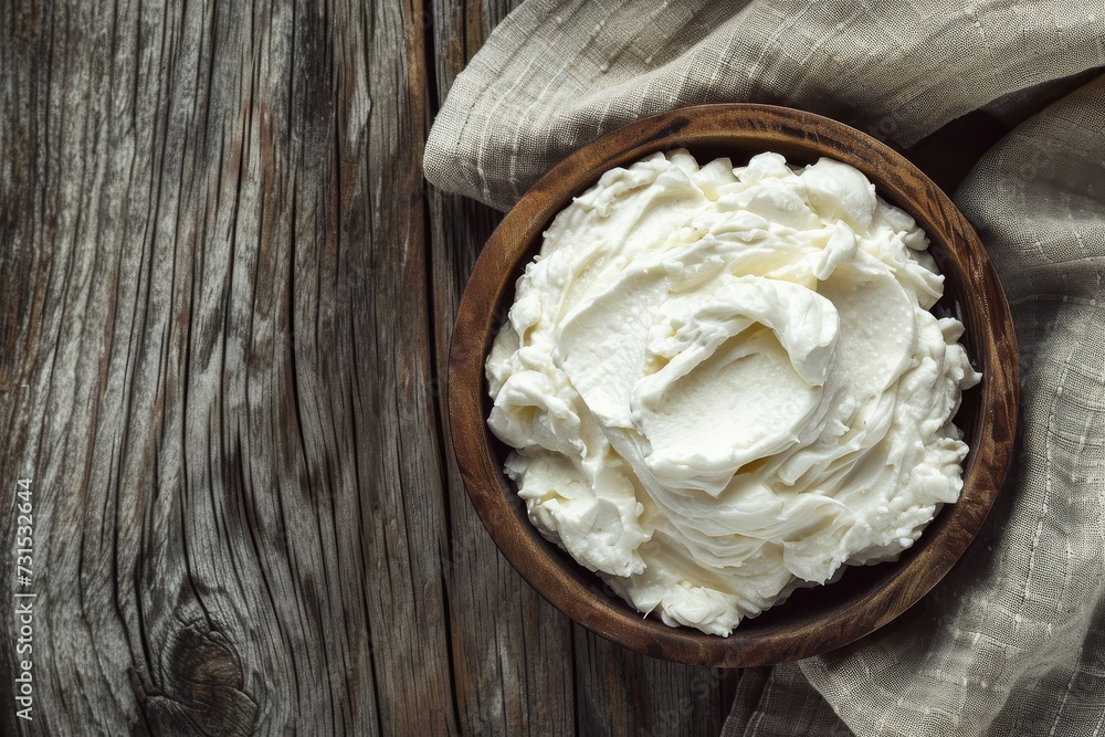 wooden table with cream cheese