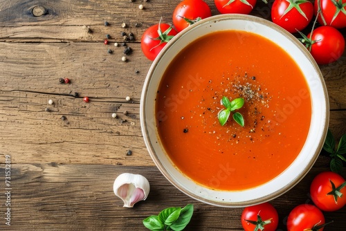 Downward view of tomato soup on table made of wood