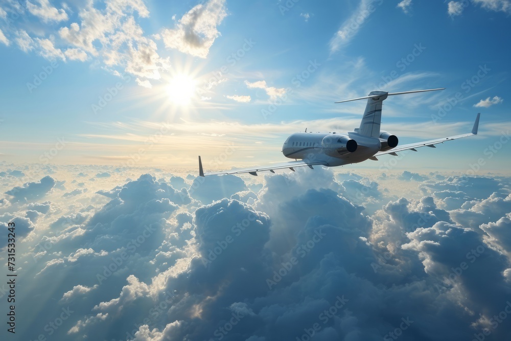 Concept of business travel, a luxury private jet soaring in the blue sky - obrazy, fototapety, plakaty 