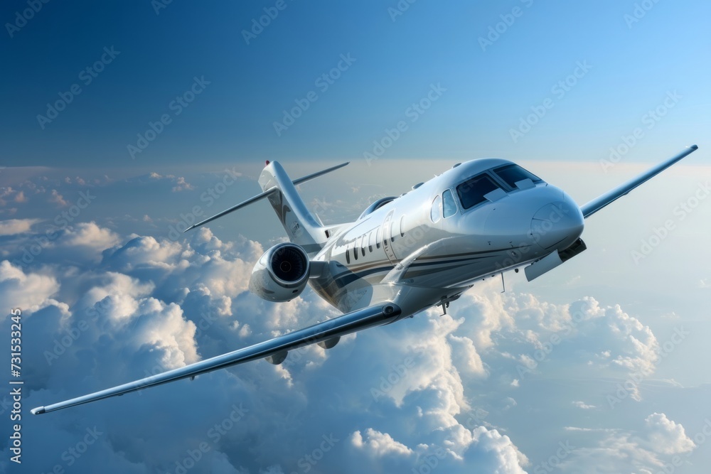 Concept of business travel, a luxury private jet soaring in the blue sky Concept of business travel, a luxury private jet soaring in the blue sky