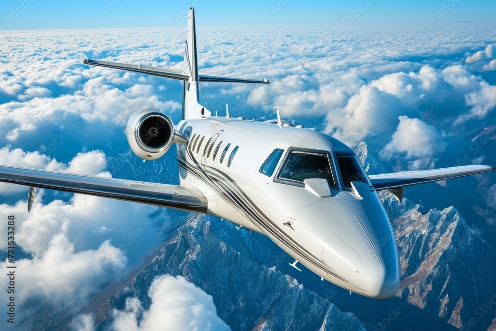 Fototapeta premium Concept of business travel, a luxury private jet soaring in the blue sky