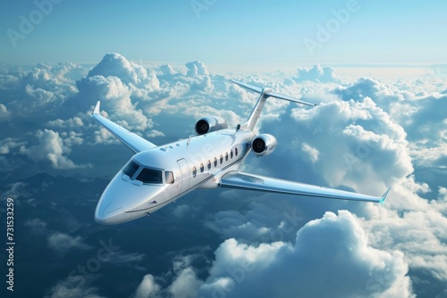 Concept of business travel, a luxury private jet soaring in the blue sky