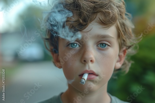 Portrait of a boy with a cigarette in his mouth, demonstrating the disturbing habit of smoking