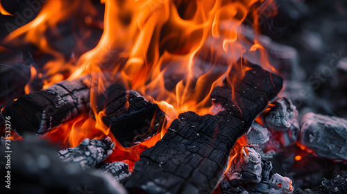 Close-up of Burning Wood Embers and Flames