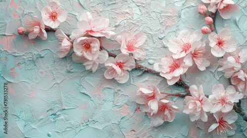delicate cherry flowers, on a turquoise background. With white petals with a soft pink tint and protruding stamens. Turquoise background is fresh and serene