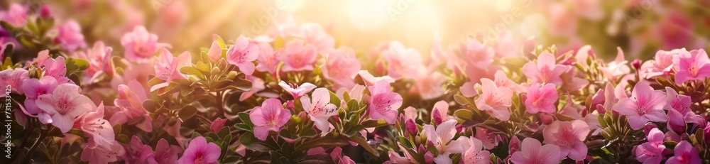 Blooming pink cherry tree branches illuminated by soft sunlight create a dreamy and romantic atmosphere, a banner perfect for spring themes