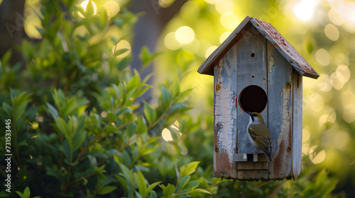 Rustic Birdhouse with Perched Bird in Garden at Sunset