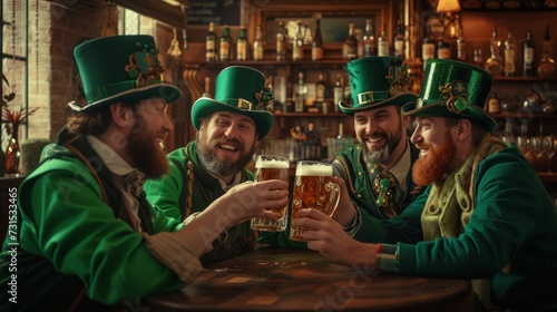 Traditional pub gathering: friends dressed as leprechauns enjoying a beer, illuminated by warm lights in a wooden interior