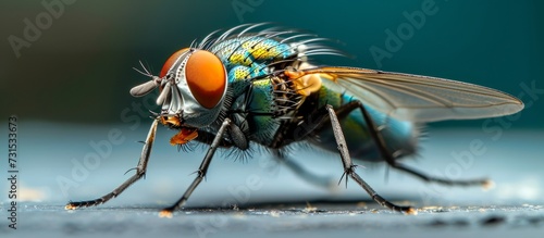 A macro photograph showcasing a close-up of an arthropod, a fly, with its eye, wings, and membrane-winged structure visible on a table.