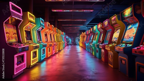Vibrant neon arcade machines in row