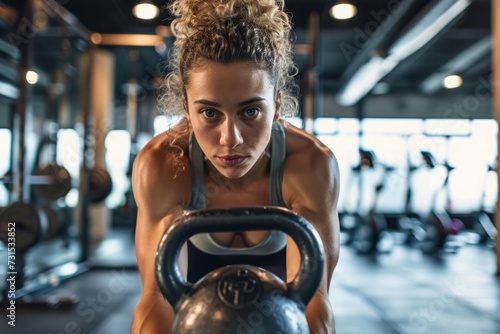 A woman in a fitness gym lifting a kettlebell weight photo