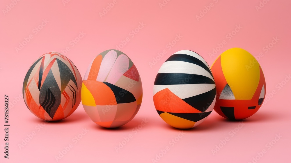 Multicolored Easter eggs with different patterns on a pink background, ideal for spring holidays and decorations