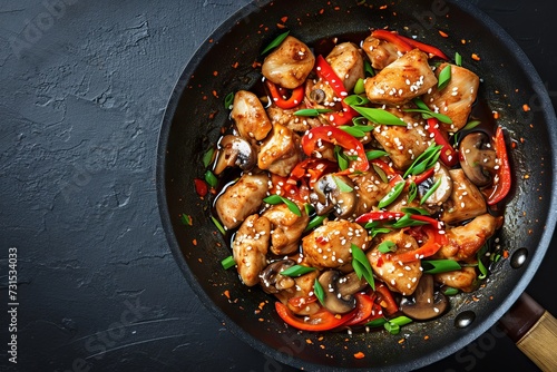 Asian stir fried chicken with paprika mushrooms chives and sesame seeds on a black kitchen table viewed from the top