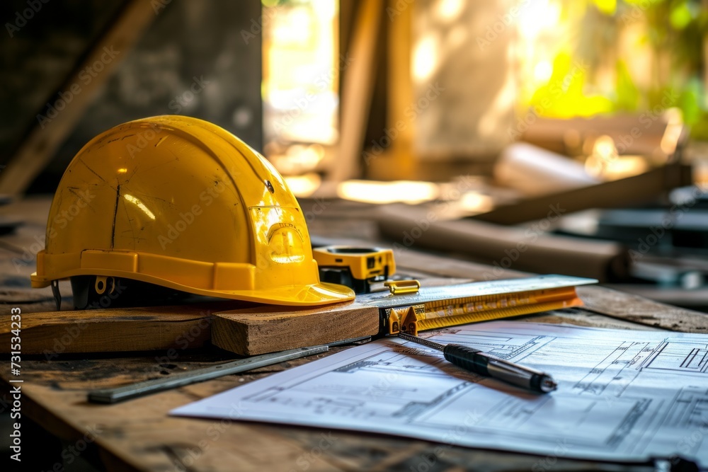 Yellow hard safety helmet and blueprint, pen, ruler, protractor, and tape measure on a table at a construction site, for the safety project of a workman as an engineer or worker Yellow hard safety helmet and blueprint, pen, ruler, protractor, and tape measure on a table at a construction site, for the safety project of a workman as an engineer or worker