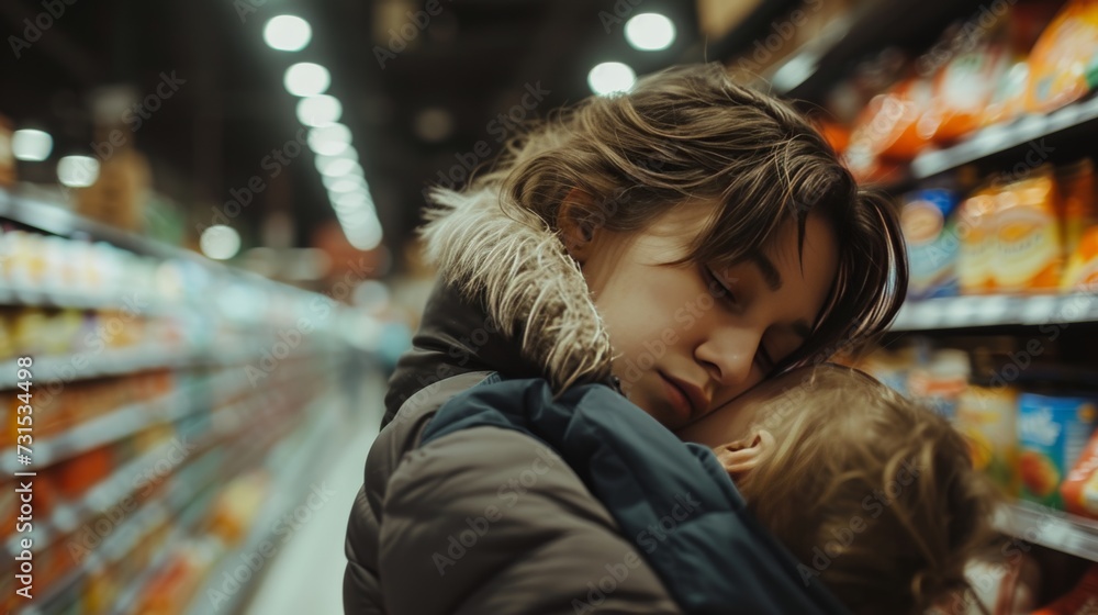 poverty mom comforting a crying child in a grocery store a common money problem poverty mom comforting a crying child in a grocery store a common money problem