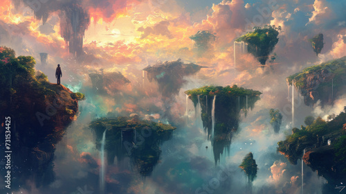 Fantasy landscape with majestic waterfalls and ethereal sky. Imagination and creativity.