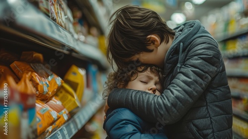 parent can't affording grocery comforting a crying child in a grocery store photo