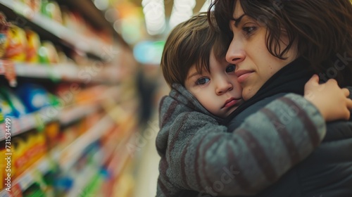 poverty mom can't affording grocery comforting a crying child photo