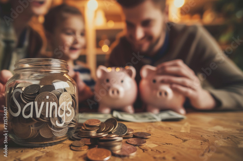 a family saving coins in a jar labeled Savings with piggy banks in the background financial discipline photo