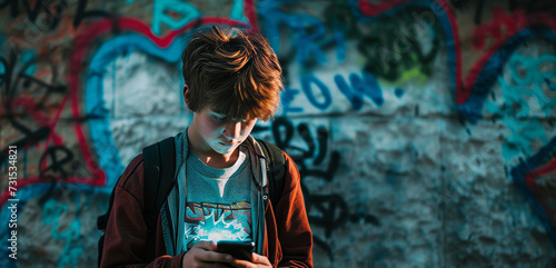 teenage boy reading cyberbullying messages against a graffiti wall backdrop