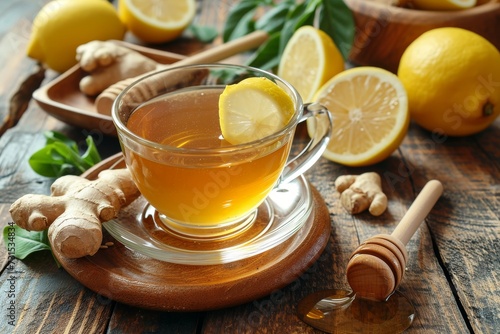Traditional cold remedies include honey lemon ginger and a cup of tea on a wooden table