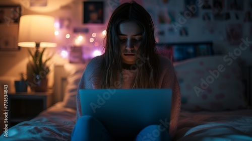 teenage girl face cyberbullying comments sitting alone in bedroom