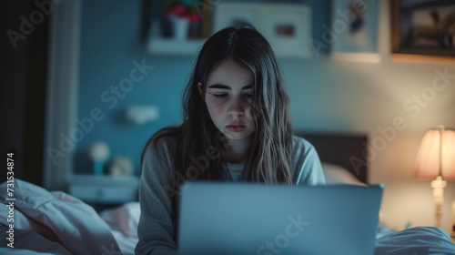 teenage girl experiencing cyberbullying sitting alone in bedroom with laptop