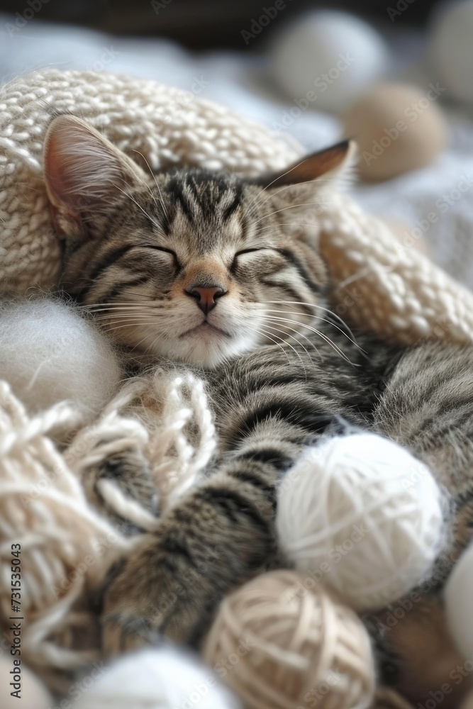 Adorable striped cat sleeping amidst woolen balls
