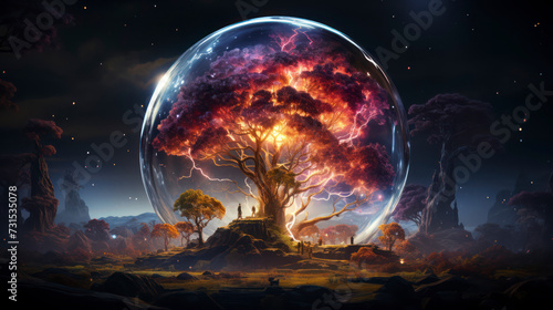 Earth Day Concept: cinematic shot of a biosphere in a bubble with vivid aura and an impressive tree of life inside floating in space. Generative AI