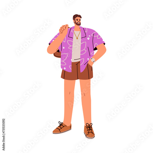 Man in fashion summer apparel, stylish outfit. Happy young guy wearing modern...