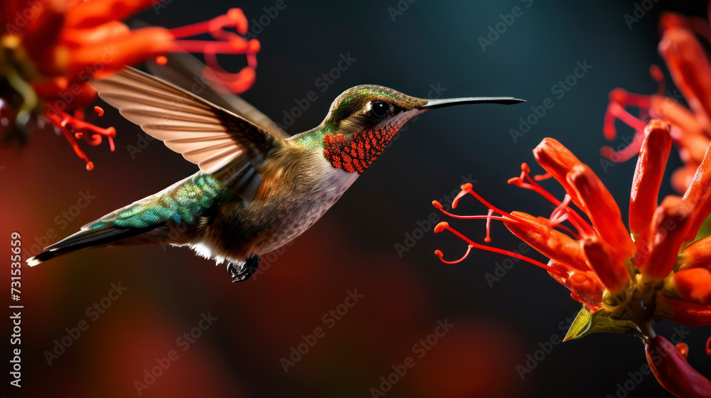 Flower-Flying Avian: a Close-up of a Hummingbird in Mid-Air Motion with Spread Wings. Generative AI