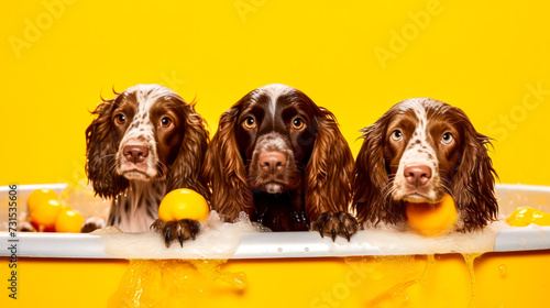 Three adorable spaniels joyfully bathe together, surrounded by soap bubbles