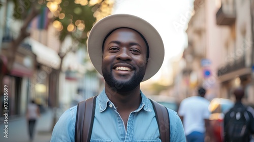 Happy black young man walking down the streets of Europe in casual attire. generative AI