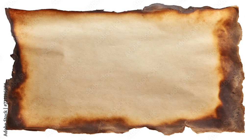 Brown paper sheet with burnt edges, with copy space, isolated on transparent background. 