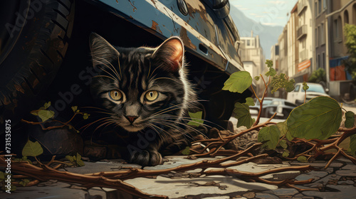 A Cute Cat Hides Between Elderly Vehicle in A Decaying. Generative AI