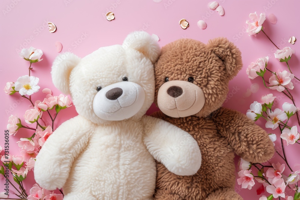 Two fluffy teddy bears one white and one brown cuddle on a vintage pink background in a top down view Two fluffy teddy bears one white and one brown cuddle on a vintage pink background in a top down view