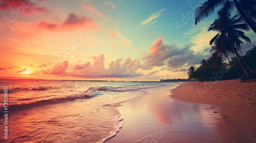 Tranquil Tropical Sunset on Beach with Palm Trees and Ocean Waves. Generative AI