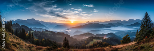 sunrise over the alps with a cloud cover, in the style of graflex speed graphic, panorama