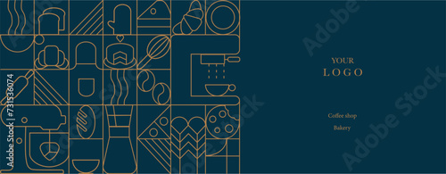 Web banner. Hand drawn illustration of Bakery and Coffee. Icons. Bread, bakery products,  dish, food processor, wheat. Abstract geometric line background. Gold luxury