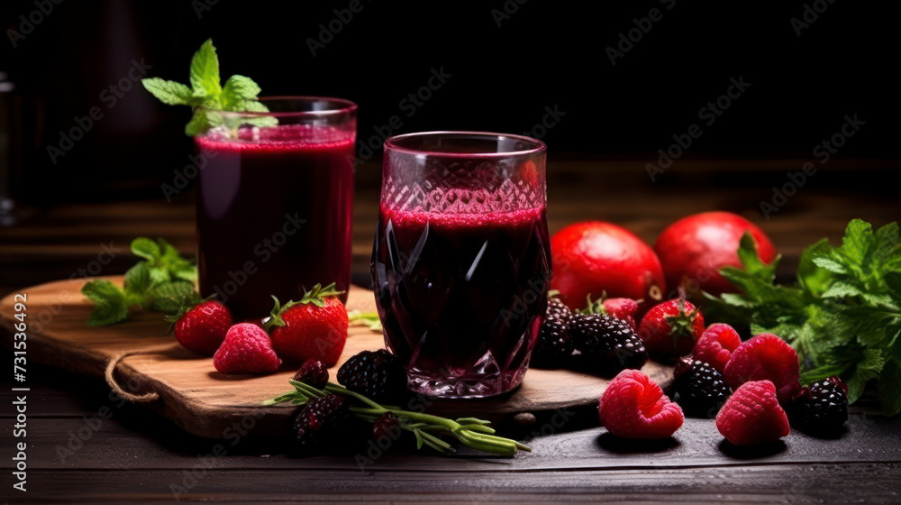 Modern image of a fresh dark berry juice, prepared from strawberry, blueberry, pomegranate and apple. Generative AI Modern image of a fresh dark berry juice, prepared from strawberry, blueberry, pomegranate and apple. Generative AI