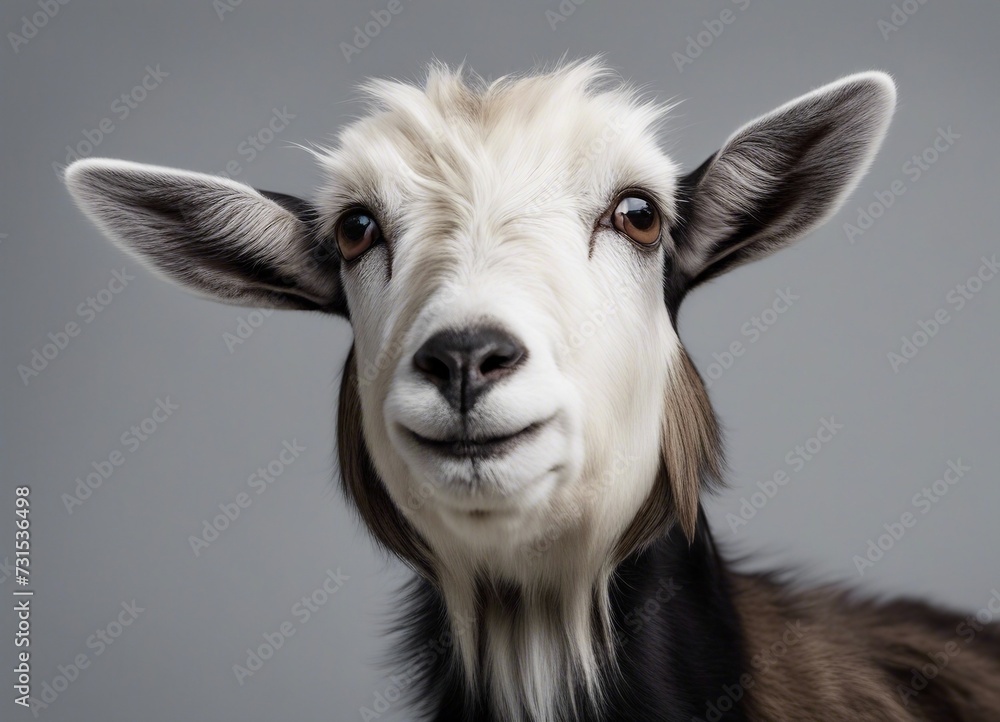 Portrait of a goat on a gray background. Studio shot. Portrait of a goat on a gray background. Studio shot.