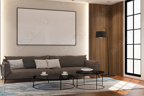 Contemporary modern  living room with frame mock up on the wall. Design 3d rendering of  brown wood veneer images. Design print for illustration  presentation  mock up  interior  background. Set 4