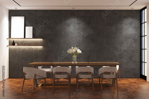 Contemporary modern dining room with frame mock up on the wall. Design 3d rendering of  brown wood veneer images. Design print for illustration  presentation  mock up  interior  background. Set 14