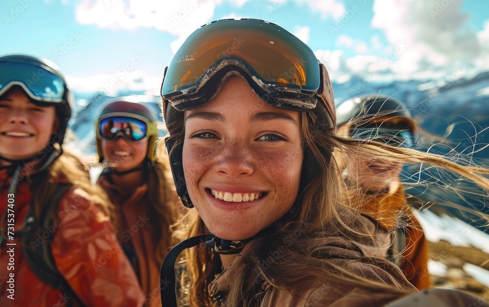 girl skier with friends with Ski goggles and Ski helmet on the snow mountain girl skier with friends with Ski goggles and Ski helmet on the snow mountain