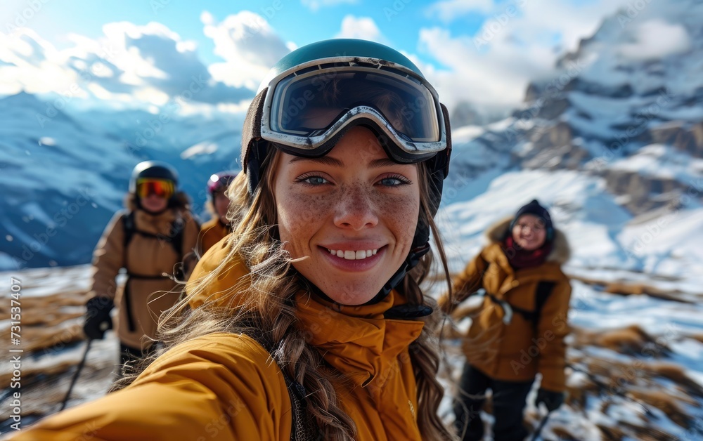 girl skier with friends with Ski goggles and Ski helmet on the snow mountain girl skier with friends with Ski goggles and Ski helmet on the snow mountain